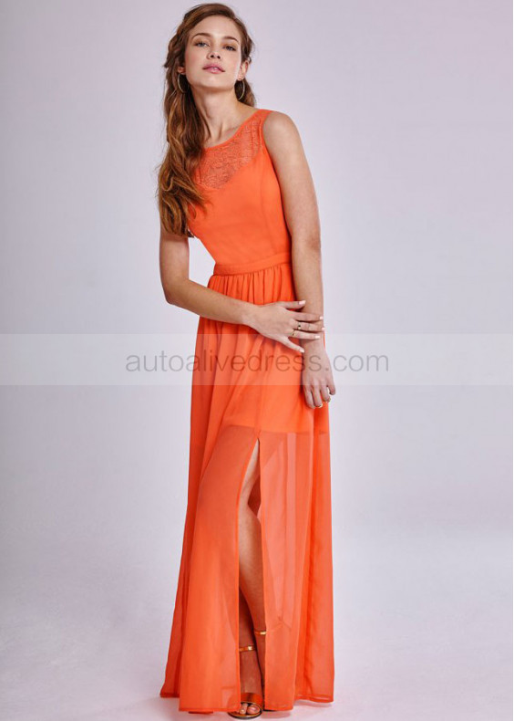 Orange Chiffon Lace Open Back Long Prom Dress